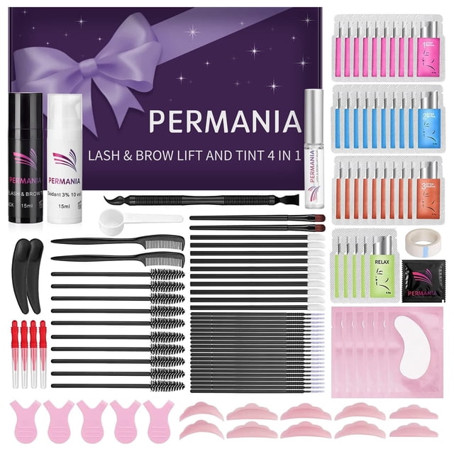 PERMANIA Kit de levantamiento de pestañas con laminación de pestañas y cejas de color negro 4 en 1 Color negro Hace que la permanente de pestañas sea voluminosa y rizada para salón y hogar (negro)