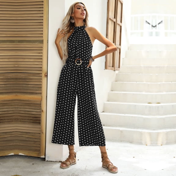 Retro polka dot halter belt waist-cinching wide-leg jumpsuit