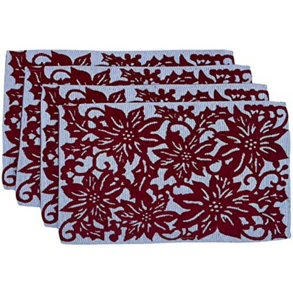 Set of 4, Chenille Textured Red Poinsettia Flower Design Christmas Tapestry Placemats for Holiday Season, Kitchen Dining Table, Easy to Clean Size: 13" x 19".