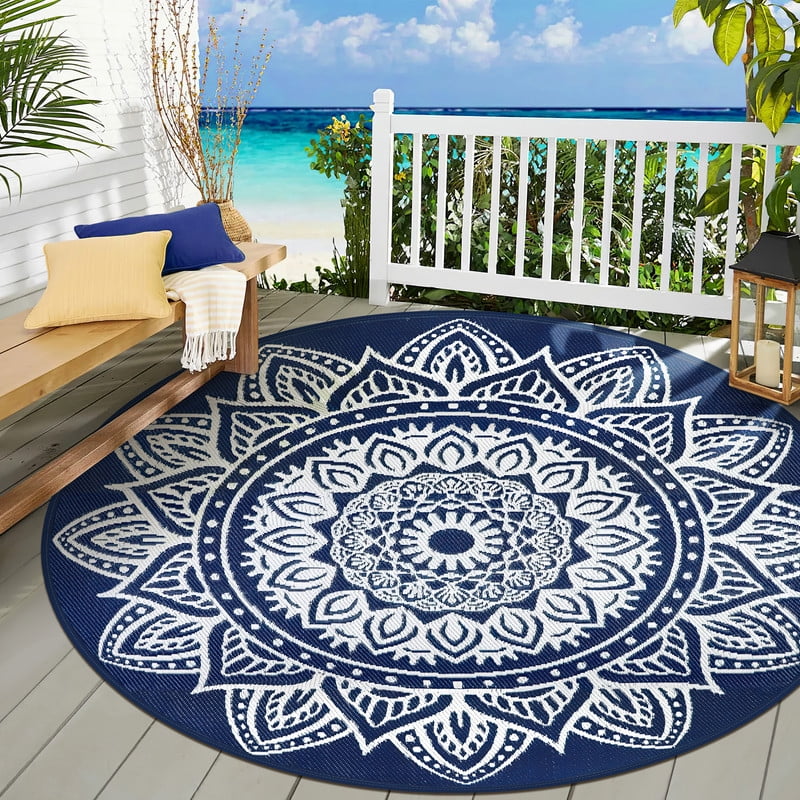 Aonewoe Round Outdoor Rugs 8Ft Waterproof Patio Plastic Straw Rug Reversible Camping Carpet Indoor Outdoor Area Rug for Patio,Deck,Balcony,Picnic,Beach,Outside