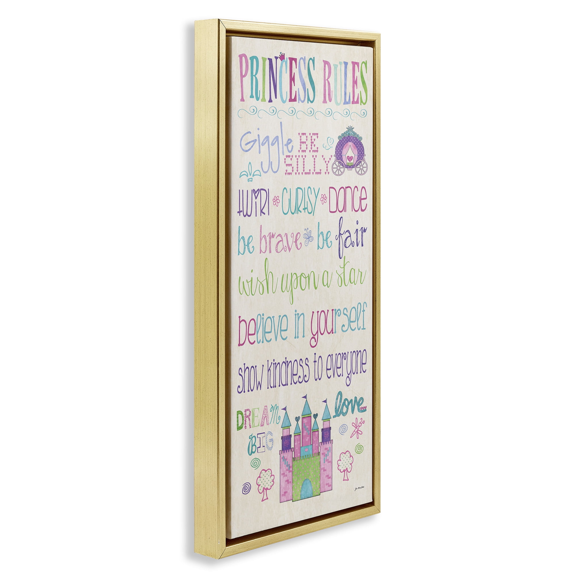 Stupell Industries Princess Rules With Castle & Carriage Art for Kids Painting Gold Floater Framed Canvas Art Print Wall Art, 15 x 31