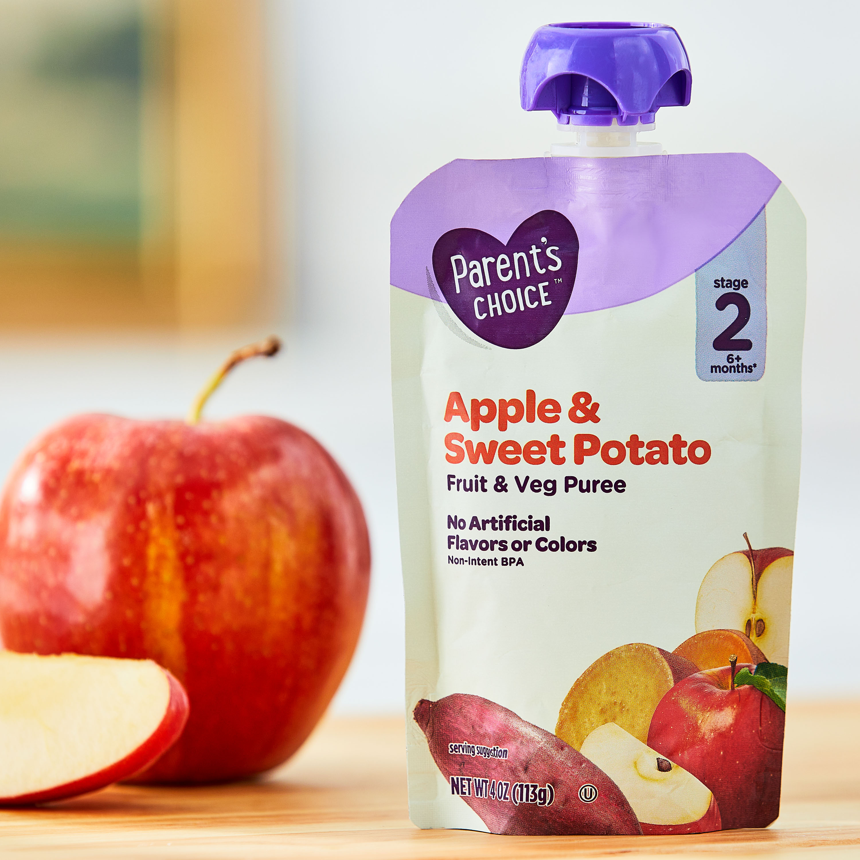 Comida para bebé Etapa 2 de Parent's Choice, Puré de manzana y batata, bolsa de 4 oz 2