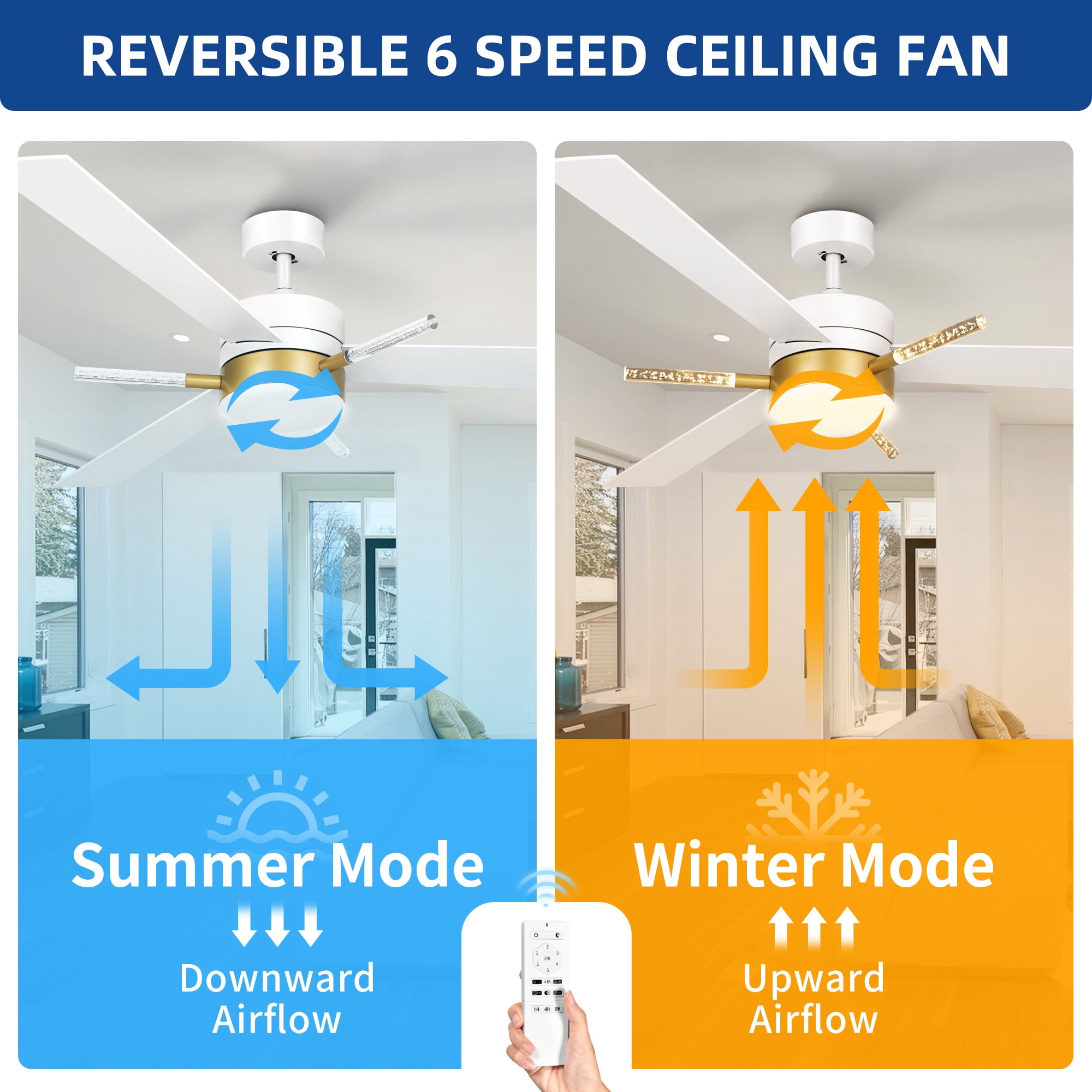 Uforic 60 inch Modern Ceiling Fan with Light and Remote, Crystal Chandeilier Ceiling Fan with 3 Blades,6-speed - White & Gold