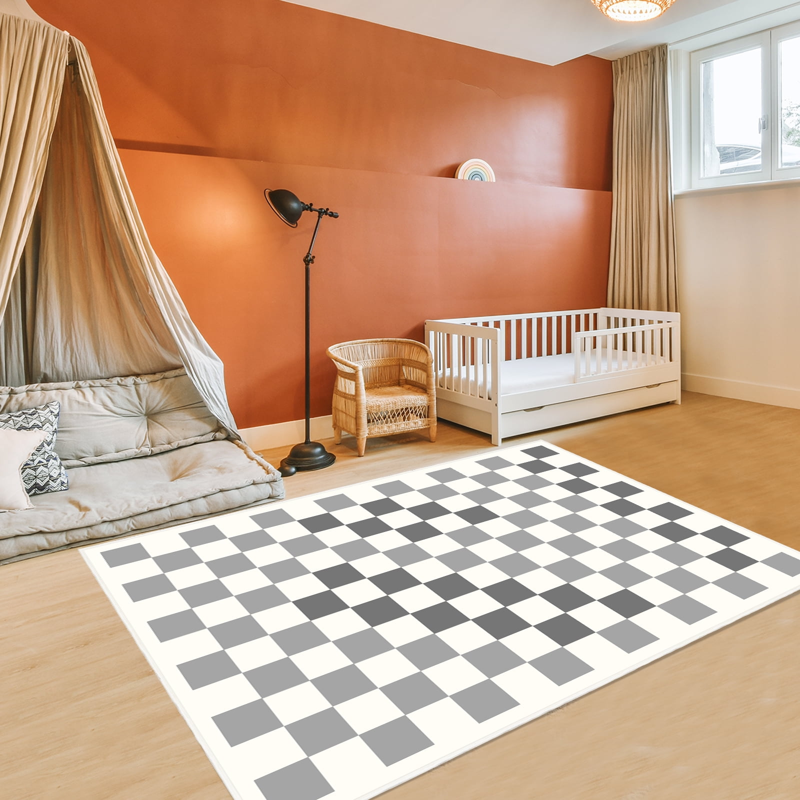 Area Rugs for Bedroom Living Room, 5' x 6.6' Ft Checkered Rug Retro Checkerboard Moroccan Rug Lightweight Outdoor Washable Carpet Rustic Decor for Living Room Bedroom Kitchen Patio(Black/Gray)