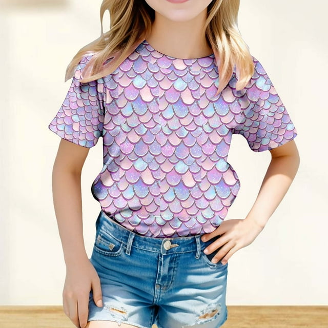 Hauts pour Filles T-Shirt Décontracté à Imprimé d'Écailles Multicolores pour Tout-Petites T-Shirt d'Été à Manches Courtes pour Enfants Haut à la Mode Confortable