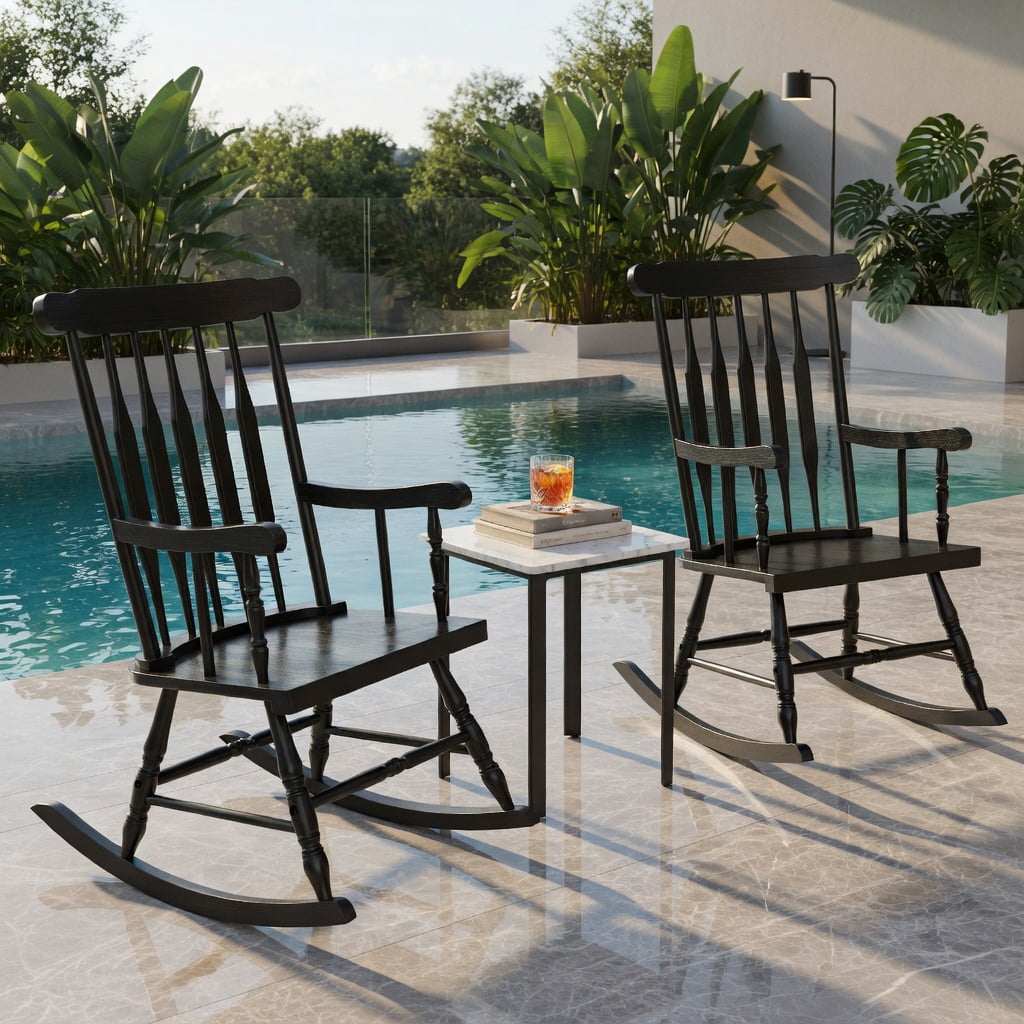 Hommoo Outdoor Rocking Chair, Solid Rubber Wood Patio Rocker with Slatted Backrest, Ergonomic Curved Armrests & High Back Support, Black