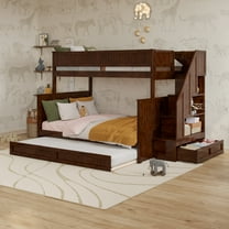 Dover Twin over Full Wood Staircase Bunk Bed with Drawer & Trundle in Walnut