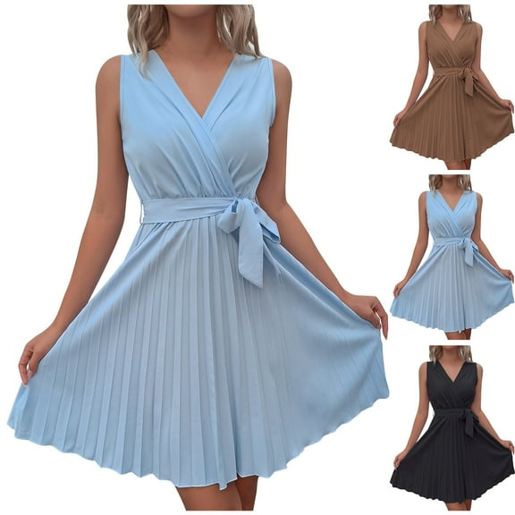 SMihono A-Line Pleated Dress Women Cross V-Neck Solid Sleeveless Tie Waist Lounge Mini Dress Comfy Evening Dress Formal Dress Black M