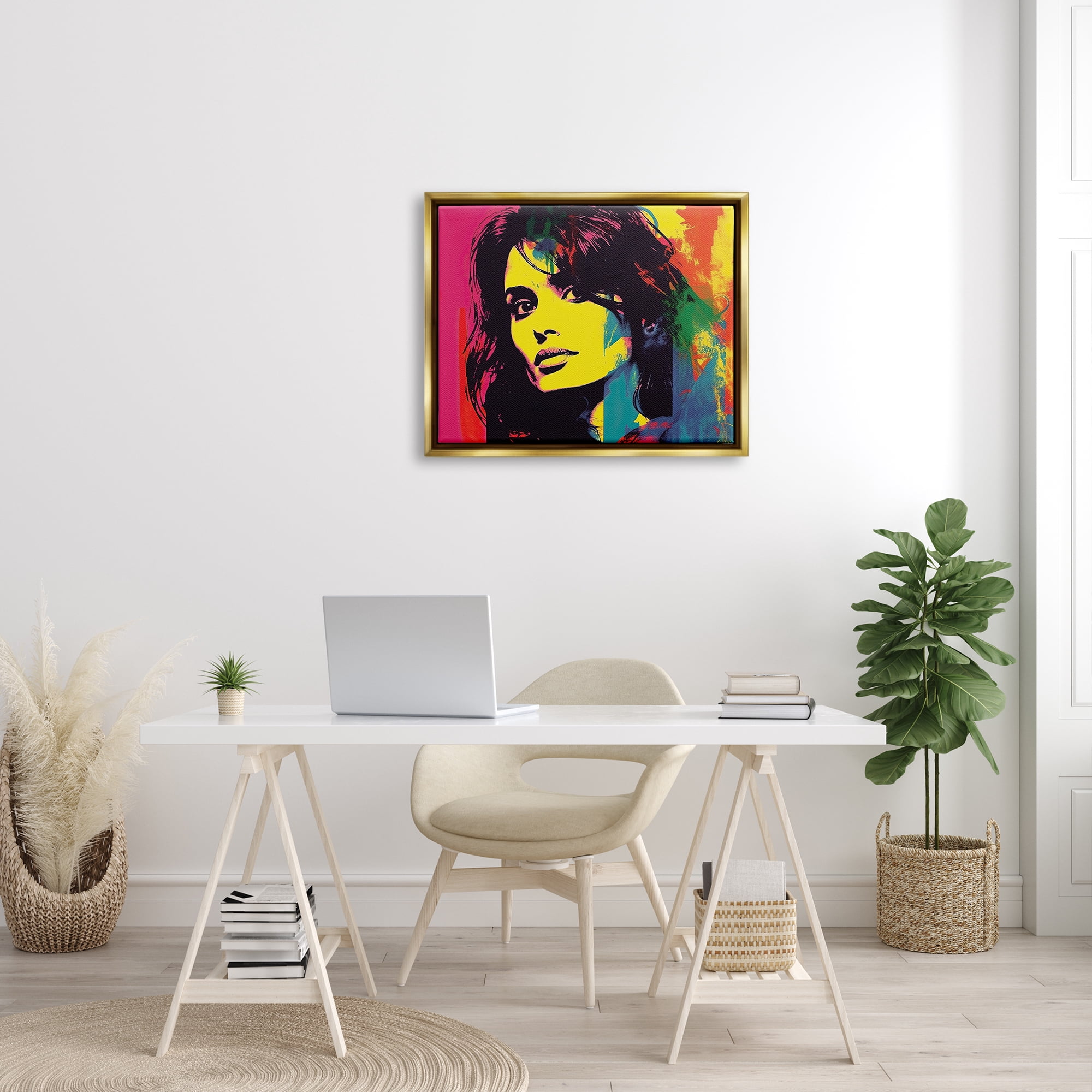 Stupell Industries Penelope Cruz Portrait Abstract Painting Gold Floater Framed Art Print Wall Art, 31 x 25