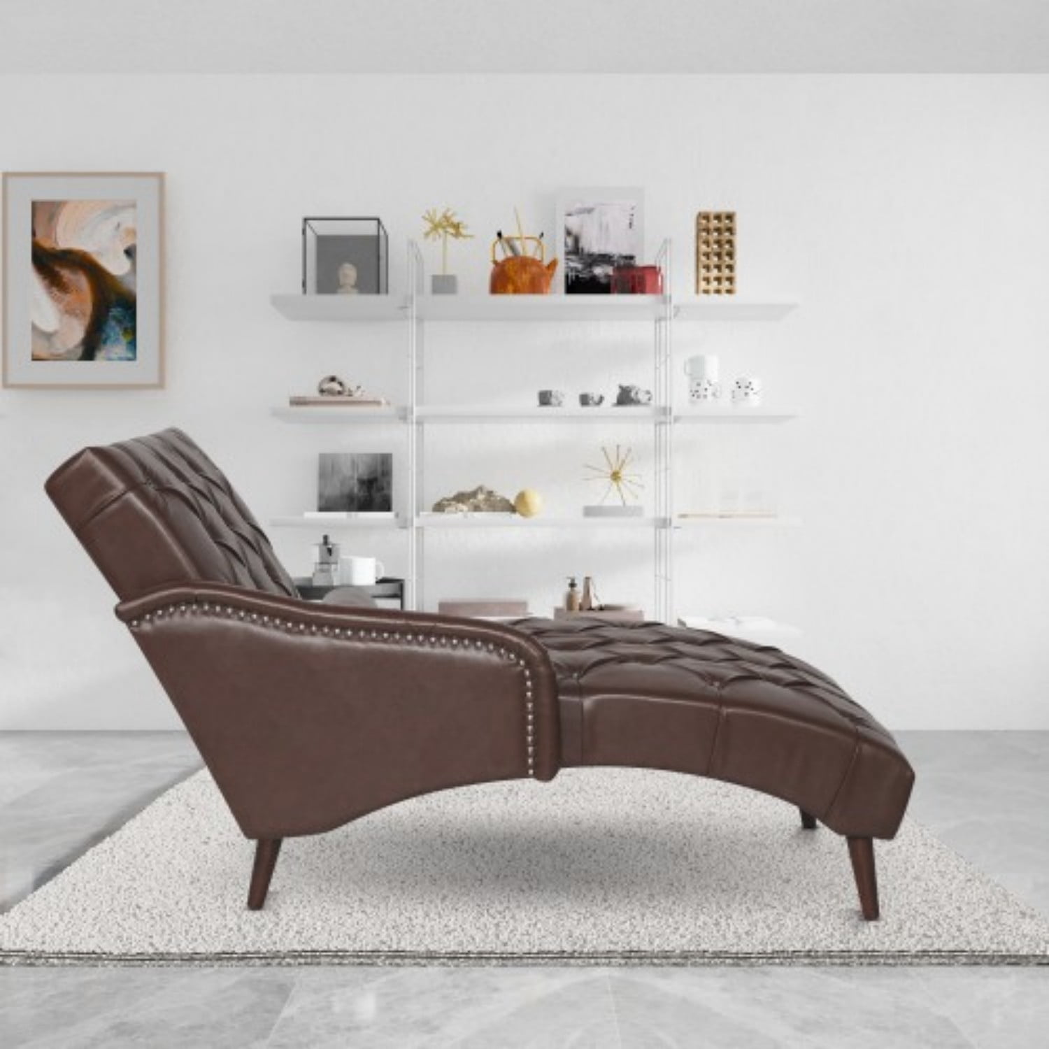 Chaise Lounge Chair with Pillow, Upholstered PU Leather Accent Chair with Tufted Back, Solid Wood Legs & Armrest, Indoor Reading Chaise for Living Room, Bedroom & Office, Dark Brown