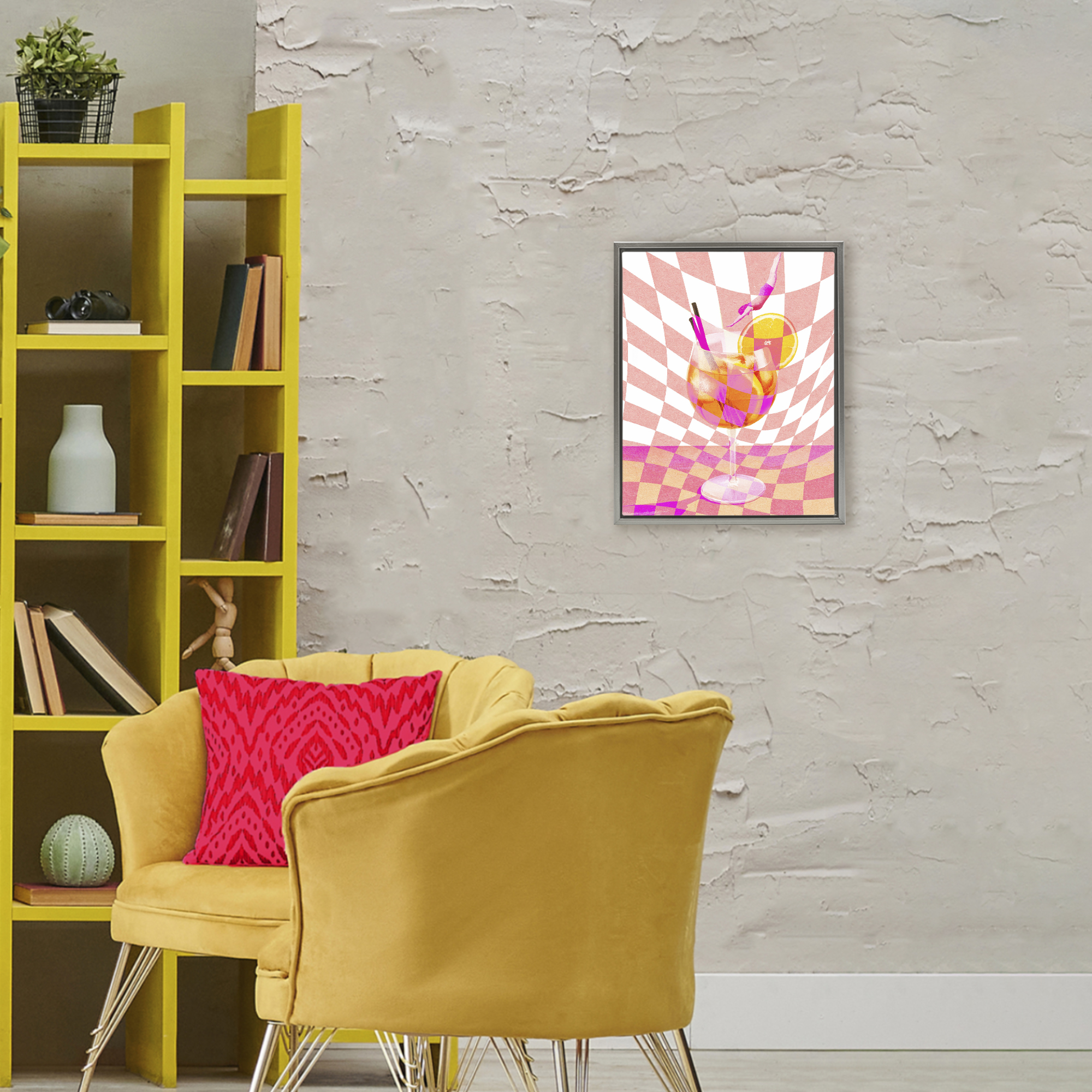 Retro Checkered Summer Cocktail Gray Framed Floater Canvas Wall Art, design by Lil' Rue
