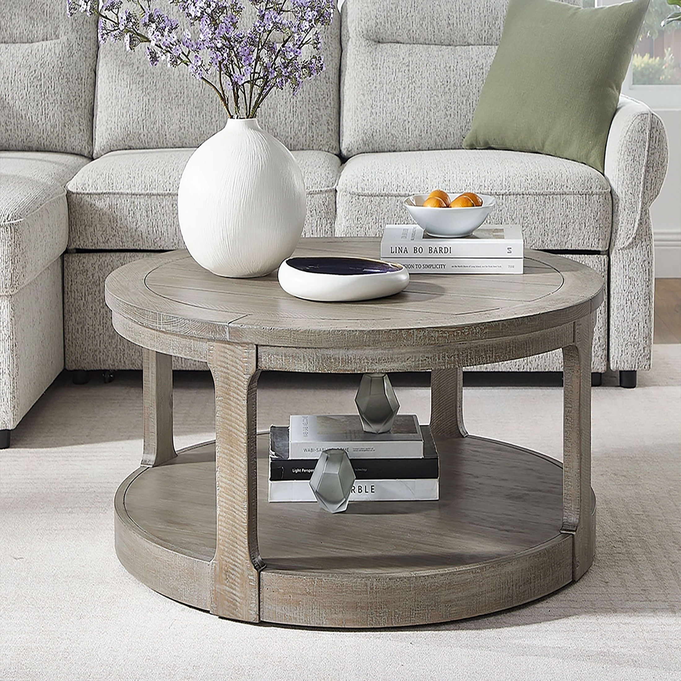 Kevinplus 2 Tier Coffee Table,Traditional Round Circle Wooden Table with Wheels for Living Room, Office, Apartment, Light Brown