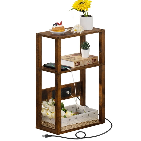 LEYAOYAO 3-Tier Narrow Side Table with Charging Station, Rustic Nightstand with USB Ports & Outlets for Small Spaces, Brown
