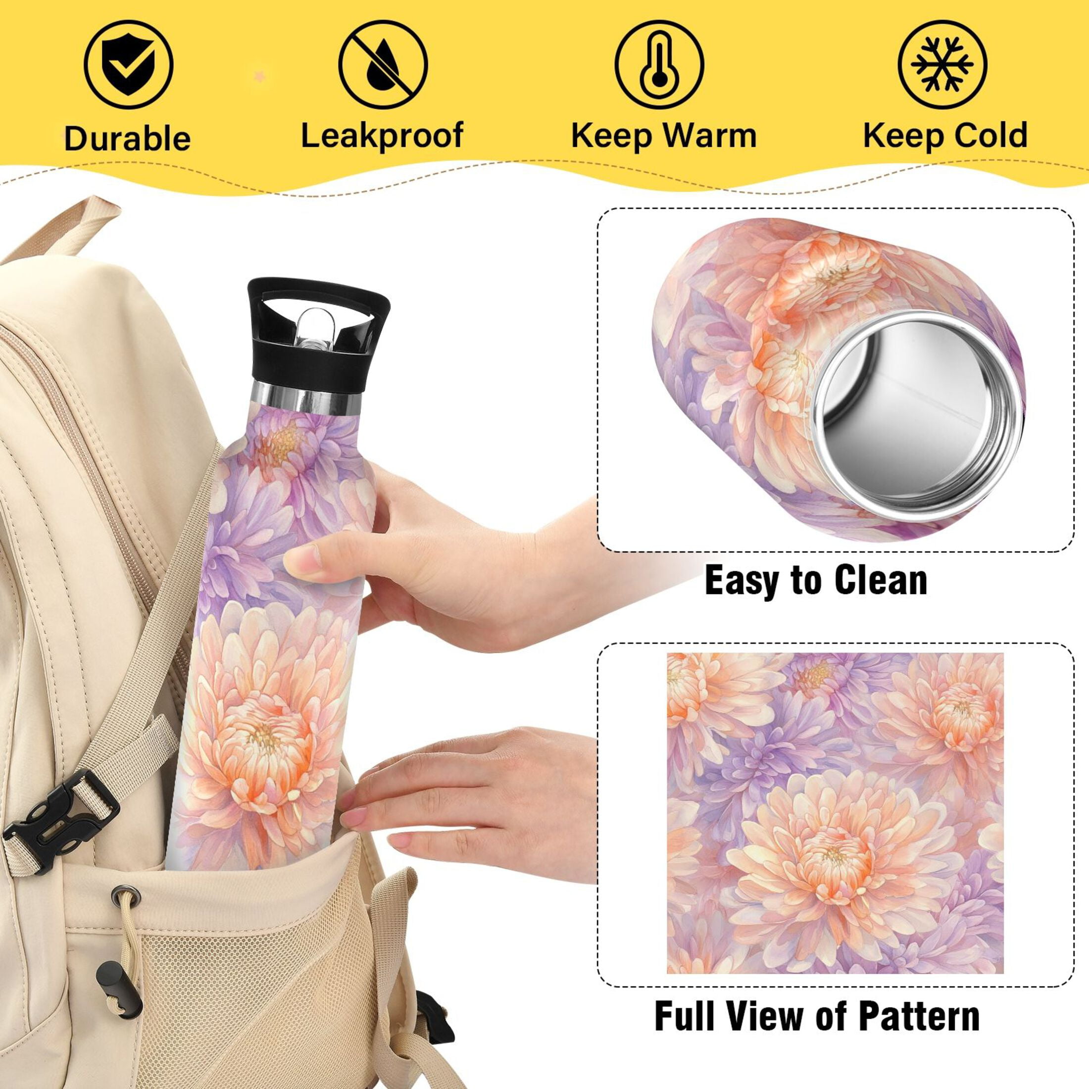 600ML Stainless Steel Insulated Cup Sports Water Bottle Portable Thermos Cup Water Glasses Insulated Tumblers Convenient and Durable Chrysanthemums Cream