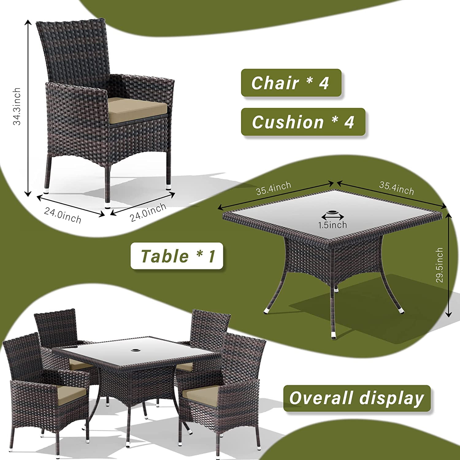 ALAULM 5 Pieces Patio Dining Set Outdoor Rattan Furniture with Square Glass Tabletop 4 Chairs with Cushions for Patio, Backyard Outdoor Kitchen Lawn & Garden Sand