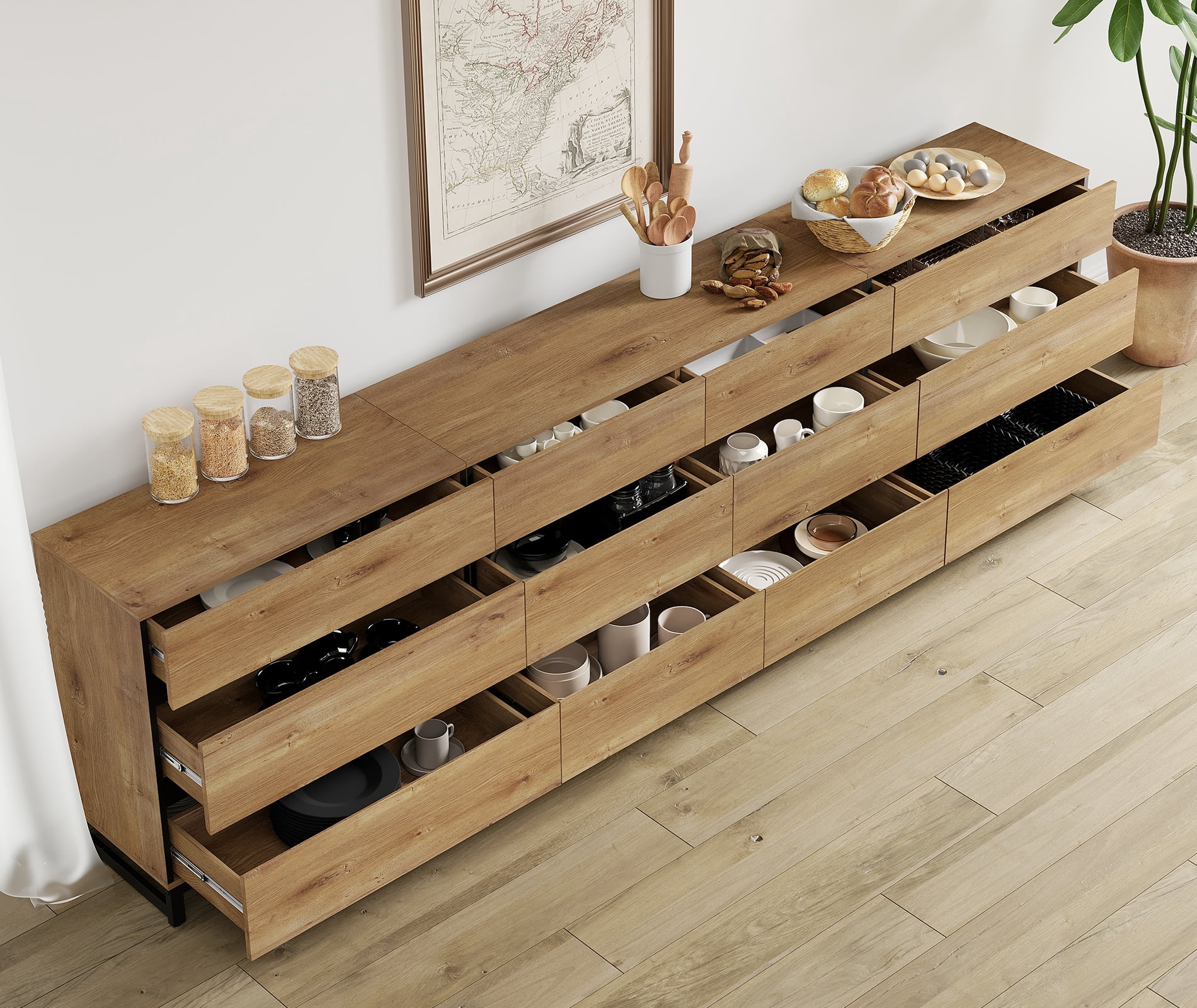 3 In 1 Sideboard Buffet Cabinets With 12 Drawers, Modern Sideboard Credenza With Metal Base, Coffee Bar Cabinet Storage Cabinet,Oak