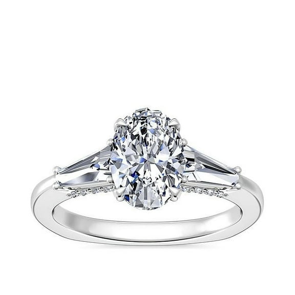 0.90 Carat VS1 Oval Cut Real Diamond Unique Three Stone Style Engagement Ring for her Solid 14K White Gold Size 7