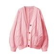 thumbnail image 6 of SGMVNU Women's Knit Cardigans Open Front Long Sleeve V Neck Button Down Loose Cardigan Sweaters Cable Knit Outwear Coats with Pockets Pink, Size M, 6 of 6