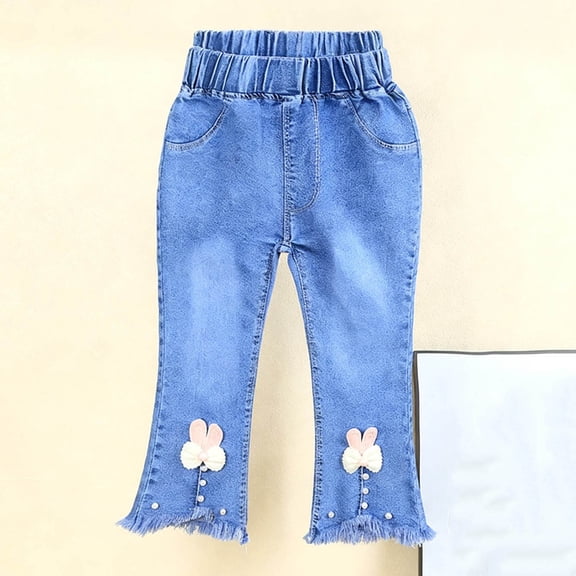 Hurxie Girl's Flare Jeans Cute Fashion Trendy Casual High Waisted Bell Bottom Denim Pants Bottoms with Pockets Light Blue,4-5 Years