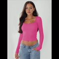 thumbnail image 4 of Top Corto de Larga con Cuello Cuadrado para Mujer, Top de Punto Acanalado con Nudo y Encaje de Patchwork. Rosa Roja S, 4 of 10
