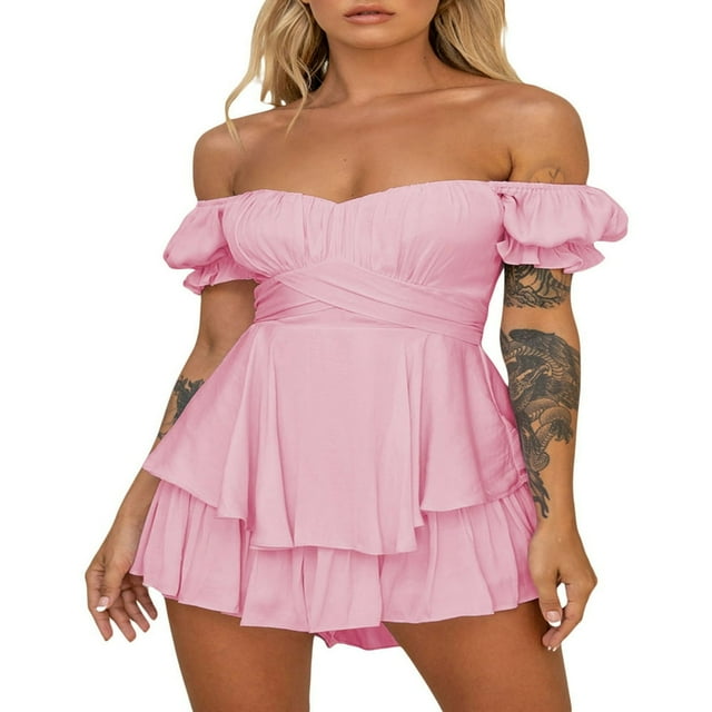 Women Boho Romper Off Shoulder Double Layer Ruffle Hem Chiffon Short Fairy Princess Mini Dress Jumpsuit Playsuits Black L