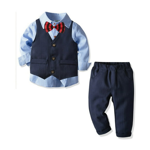 Traje de vestir para niño Vestido para bebé Chaleco de caballero Pantalones Camisa a rayas Cárdigan Traje de caballero británico de cuatro piezas