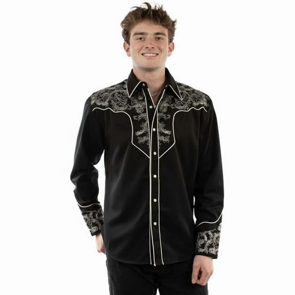 Scully P-929-BLK-S Silver Scroll Embroidered Mens Western Shirt, Black - Small