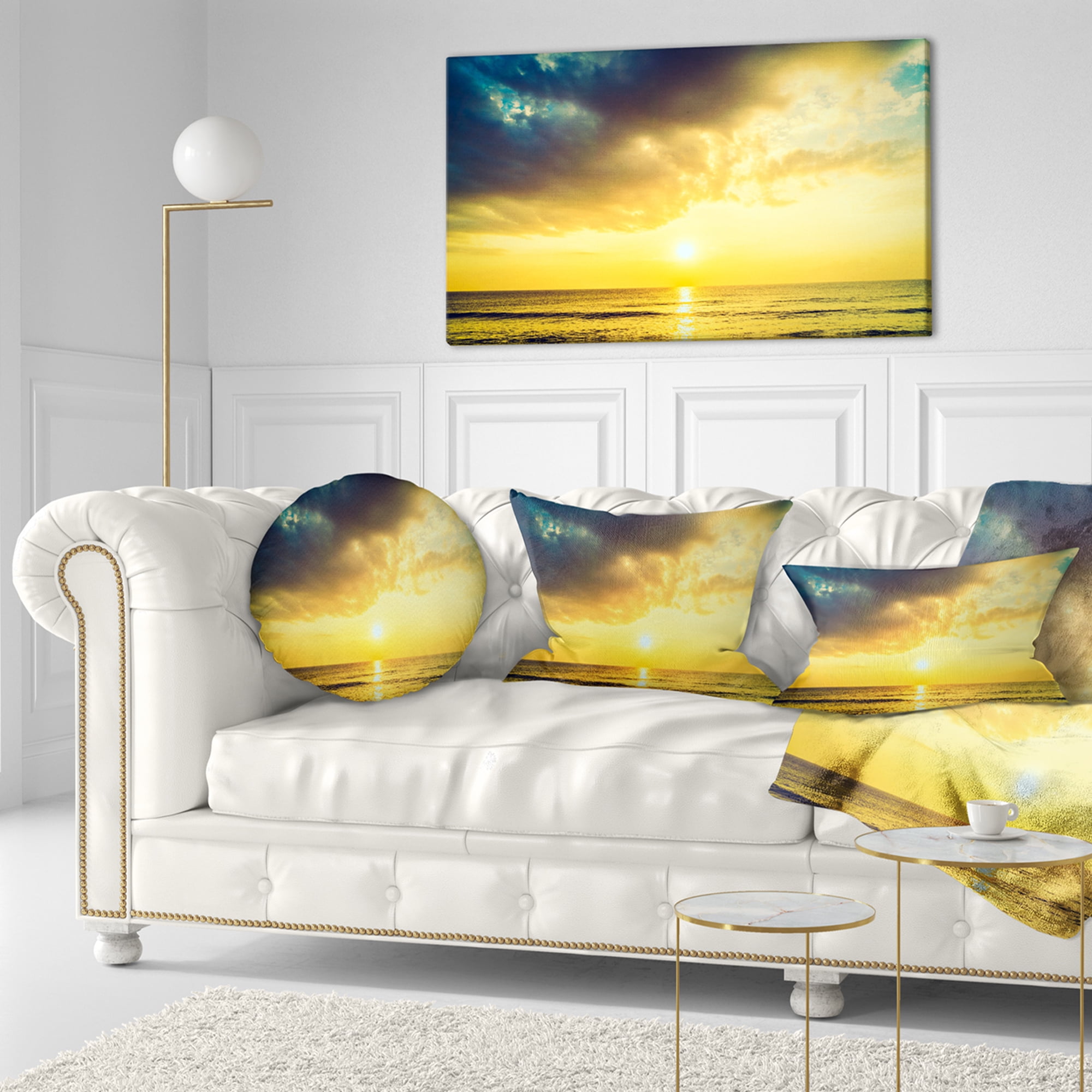 Designart Yellowish Sky over Serene Seashore - Seascape Throw Pillow - 12x20