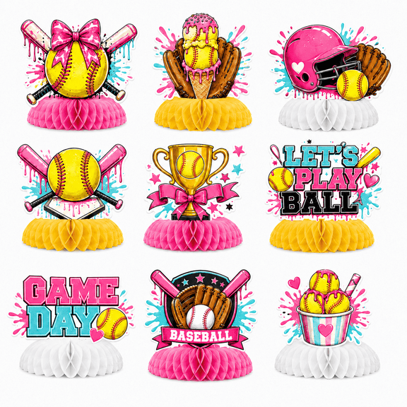 KoTeug 9‑Pcs Baseball Ice Cream Honeycomb Centerpieces, Fusion Table Accents for Birthday & Party Table Decor