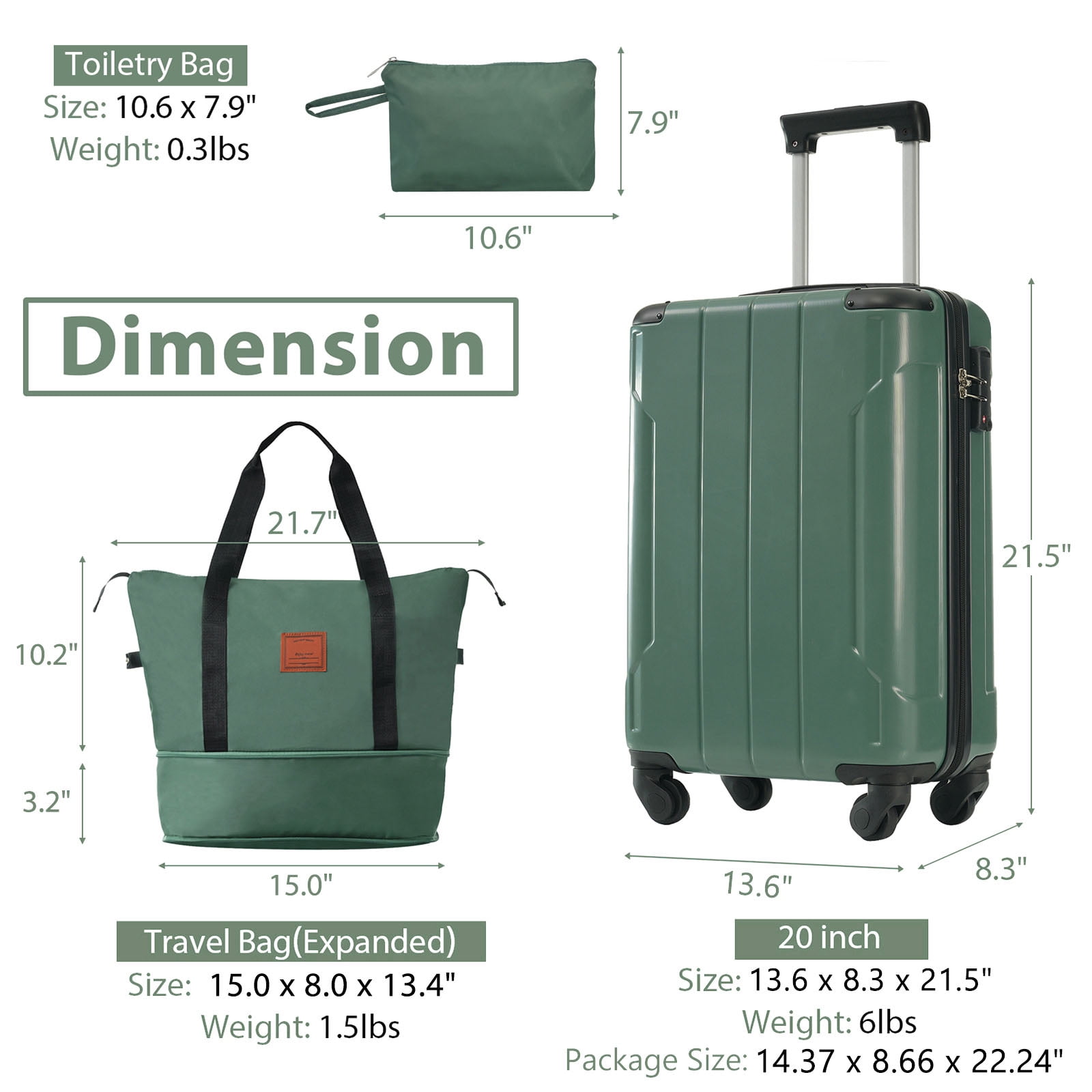 CQSXDA 20 Inch Lightweight Hardshell ABS Carry On Luggage Set with Spinner Wheels for Weekend Getaways & Travel 3 Piece, Green