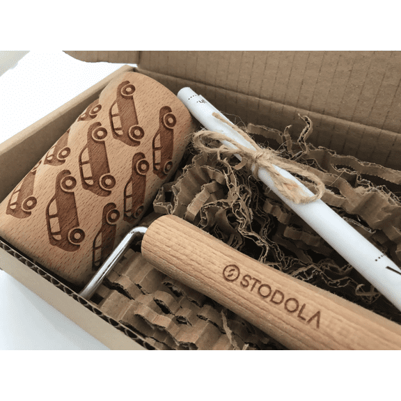 Stodola Engraved Mini Rolling Pin with Toy CAR Pattern