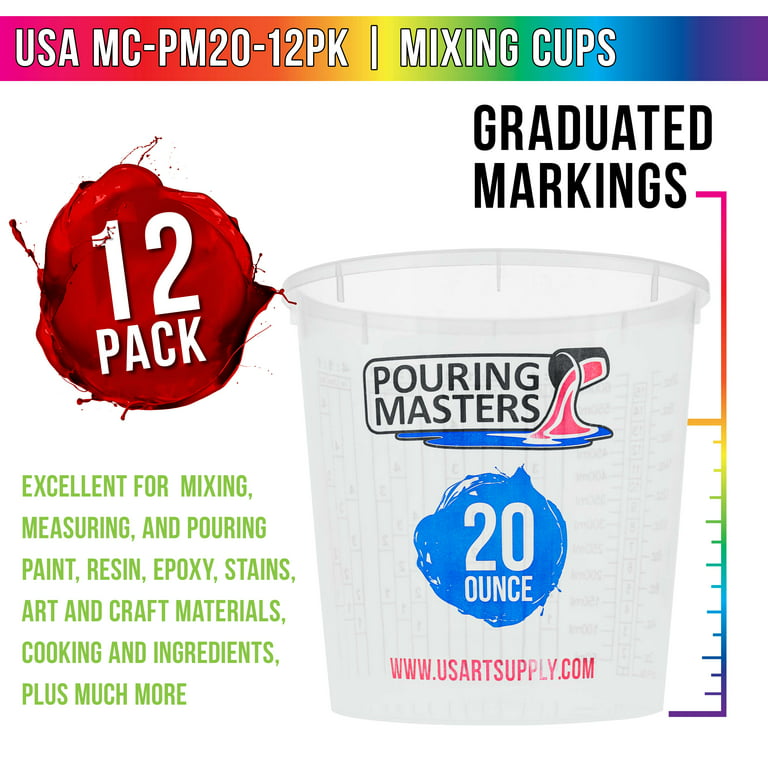 Pouring Masters 20 Ounce (600ml) Graduated Plastic Mixing Cups (Box of 12) - Use for Paint, Resin, Epoxy, Art, Kitchen, Cooking, Baking - Measurements