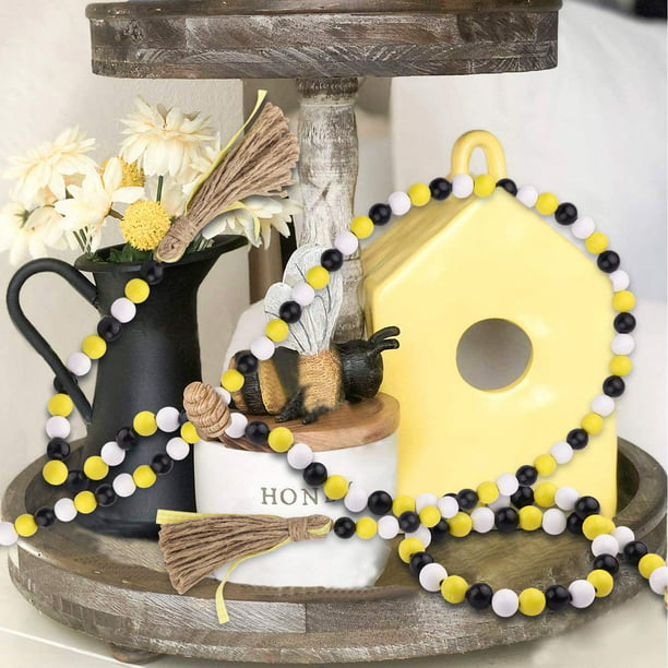 MesaSe MesaSe PENGXAING 2 Pieces Bee Wood Bead Garland with Tassels Summer  Party Decor Rustic Farmhouse Home Decorations Tiered Tray Shelf Displays 