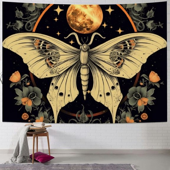 PRATYUS Orange Moth Tapestry Boho Retro Floral Flowers Tapestries Aesthetic Vintage Mushroom Tapestry Bedroom Indie Small Tapestry Wall Hanging for Living Room Dorm 40x30inch