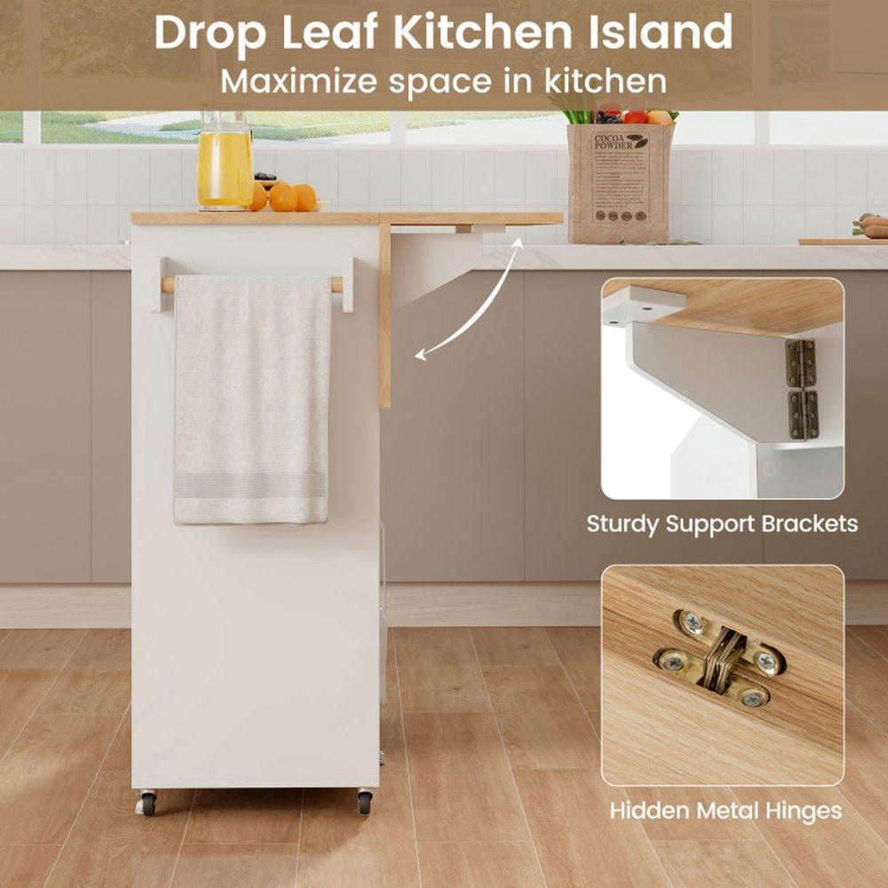 YYAo Kitchen Storage Island, Kitchen Cart,Drop Leaf Mobile Kitchen Island Cart with Power Outlet and Adjustable Shelf-White