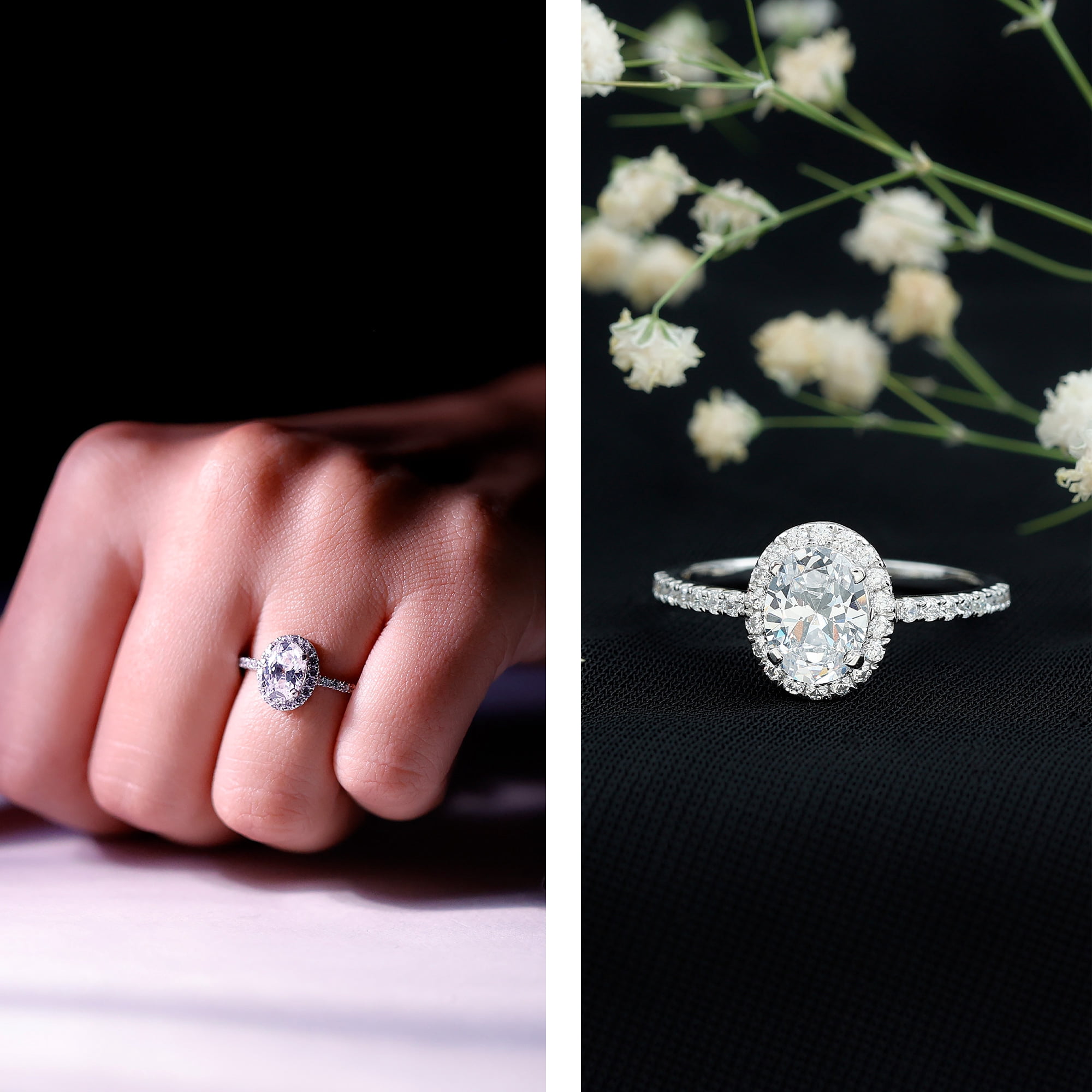 Rosec Jewels Classic Cubic Zirconia Halo Engagement Ring for Women, 14K White Gold, US 12.00