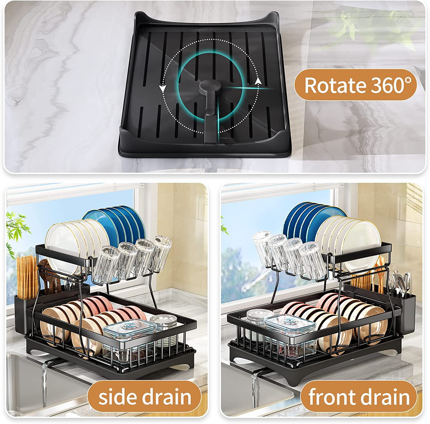 Runbaixing 2 Tier Large Dish Drying Rack and Drainboard with Utensil Holder and Cup Rack for Apartment Kitchen Counter, Black