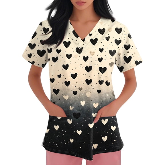 Fabrcox S-5XL Valentine Day Scrubs for Women Plus Size Love Heart Graphic Holiday Scrub Tops Women Stretchy V Neck Short Sleeve Nurses Working Uniforms with Pockets