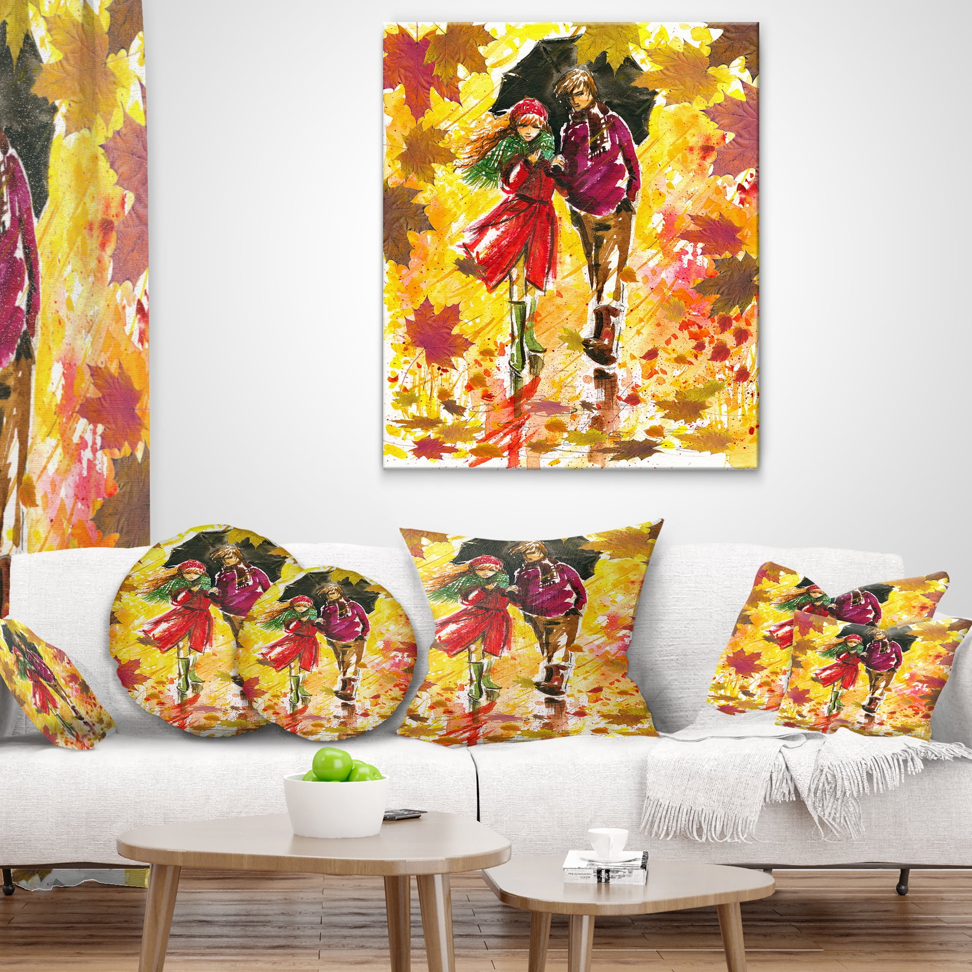 Designart Autumn Walk of Couple - Landscape Printed Throw Pillow - 12x20