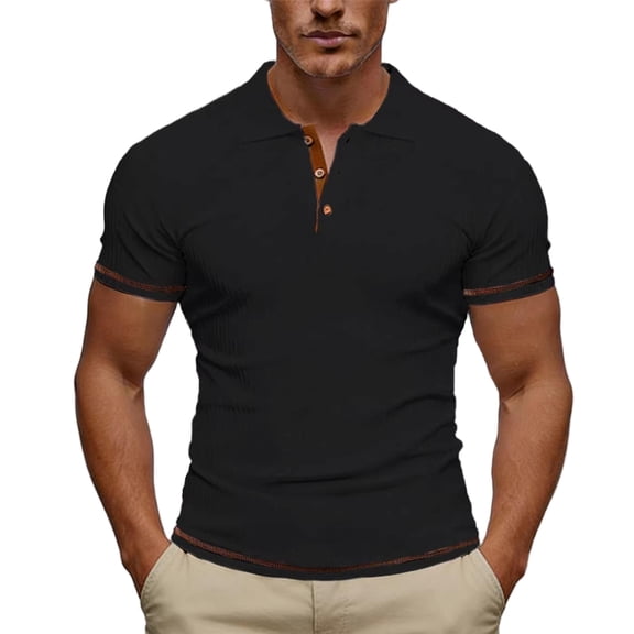Fabrcox Mens Ribbed Polo Shirt Turn Down Collar Button Mens Short Sleeve Tshirts Color Block Spring Outdoor Big and Tall Men's Golf Shirts