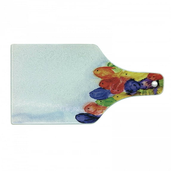 Watercolor Flower Cutting Board, Group of Murky Mix Fish Sea Animals in Dark Motley Abstract Art Image, Tempered Glass Cutting and Serving Board, Wine Bottle Shape, Multicolor, by Ambesonne
