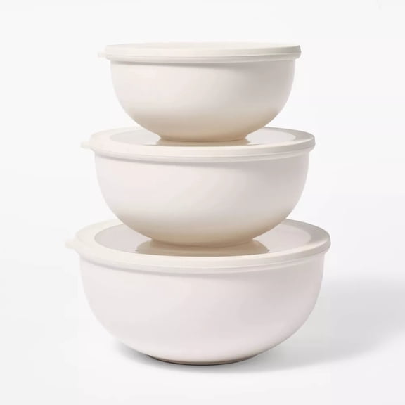 6pc (set of 3) Plastic Mixing Bowl Set with Lids Cream