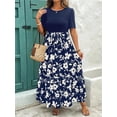 thumbnail image 5 of Navy Blue Floral Print Tiered Maxi Dress With Tie Waist And Short Sleeves For Women, 5 of 7