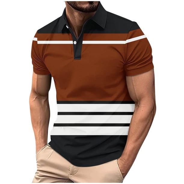 Mens Casual de Manga Corta Botón Abajo Camisas Raya Impresa Blusa Deportiva, Camisa Del Botón Del Cuello de Vuelta