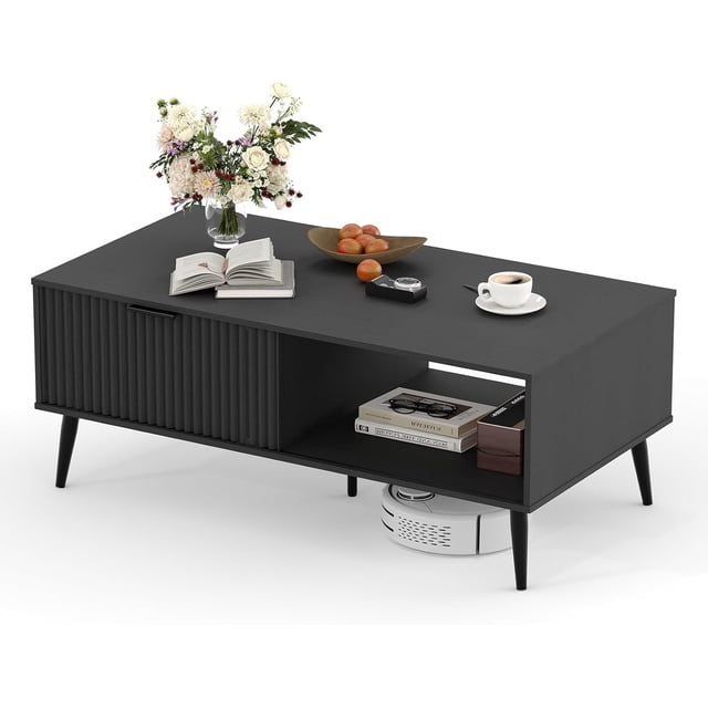 41.34 - pulgada de madera coffee mesa con almacenamiento gabinete, two - tier design, wave - style sliding doors, moderno y functional para estilo rural sala de estar, oficina o lounge (blanca)