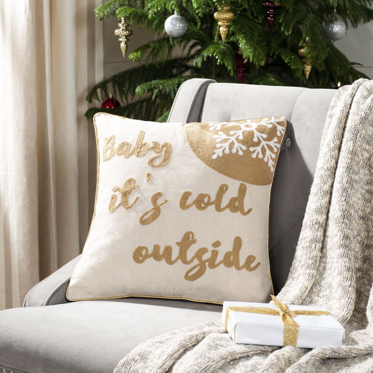 SAFAVIEH Baby It's Cold Outside 18" x 18" Holiday Pillow, Beige/Gold