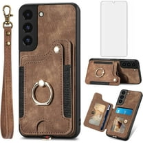 Phone Case for Samsung Galaxy S22 5G Wallet Cover with Tempered Glass Screen Protector and Wrist Strap Lanyard RFID Credit Card Holder Ring Stand Cell Accessories S 22 22S 4G G5 6.1 inch Women Brown