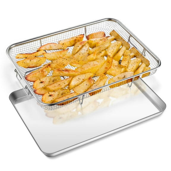 Vesteel 16 inch Air Fryer Pan with Basket Set of 2, Stainless Steel Oven Crisper Tray for Baking, Roasting, and Healthy Cooking, Dishwasher Safe