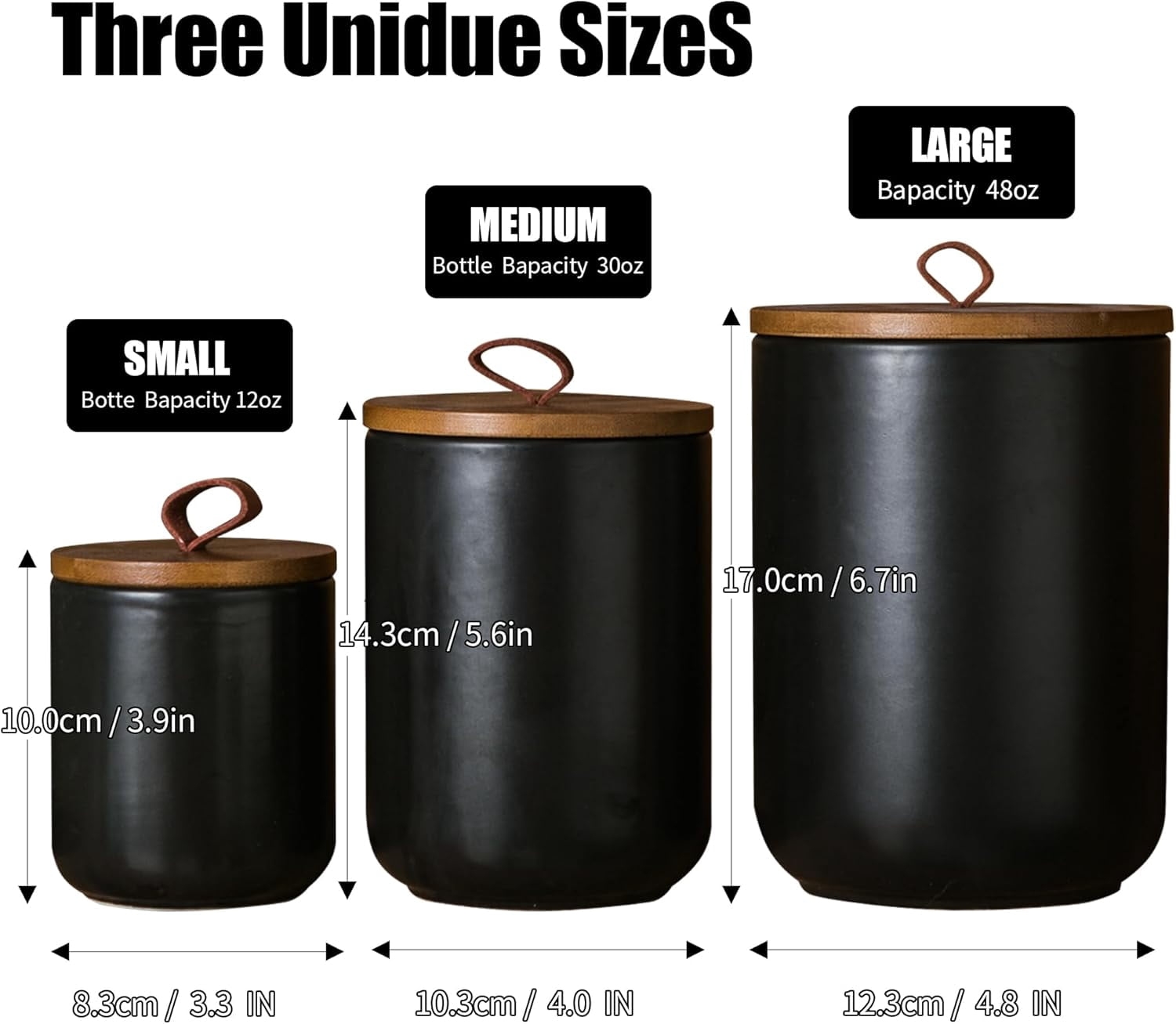 Black Ceramic Canister Set with Wooden Lid, 3-Piece Airtight Food Storage Jars for Kitchen Counter - Flour, Sugar, Coffee, Tea, Spice - Small, Medium, Large Sizes