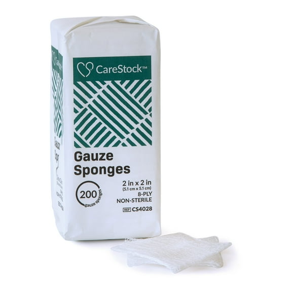 CareStock Gauze Sponge - Highly Absorbent, Medical-Grade Cotton Wound Dressing, First-Aid Essential - Non-Sterile 8-Ply Square, 2 x 2 in., 200 per Pack, 1 Pack